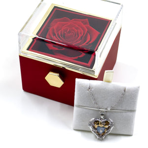 Rotating Jewelry Box with Heart Necklace and Preserved Rose