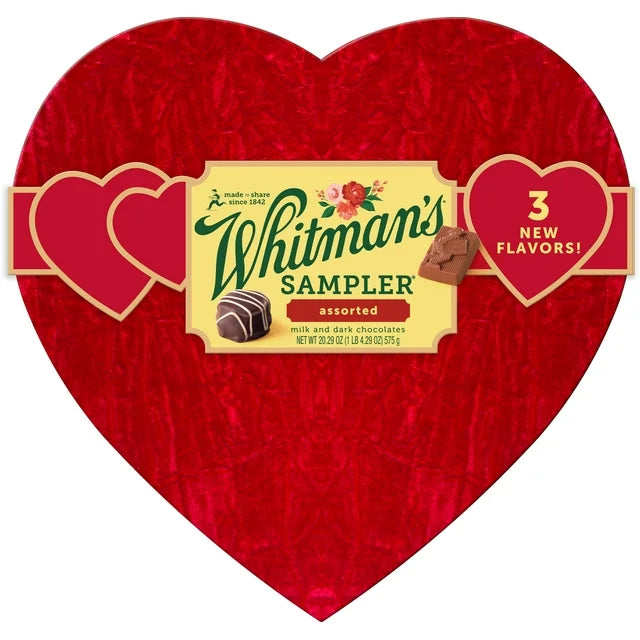 WHITMAN'S SAMPLER Valentine's Day Red Velvet Heart Assorted Milk & Dark Chocolate Gift Box, 20.29 oz. ( 41 Pieces)