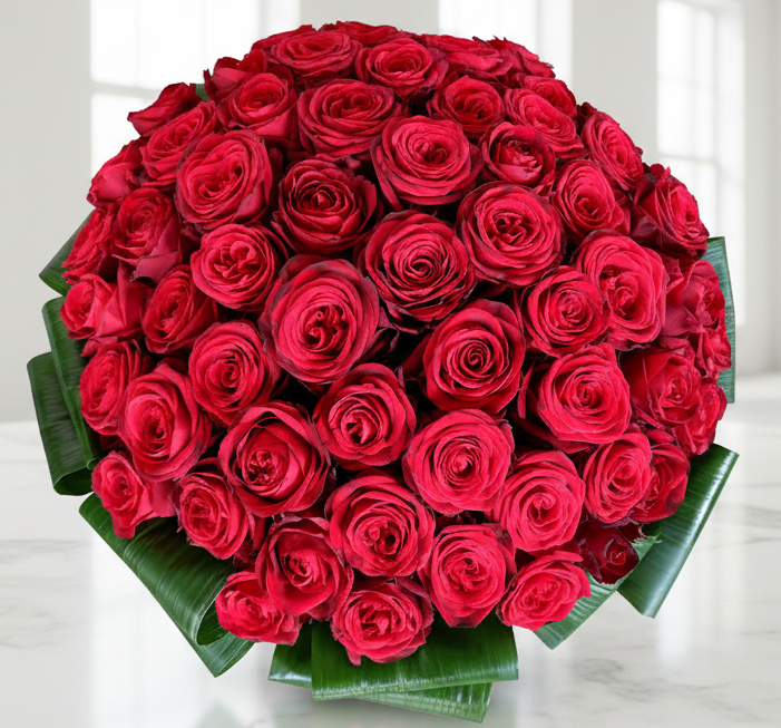 50 Long Stem Red Roses With Ti Leaves – Royal Flowers and Gallery