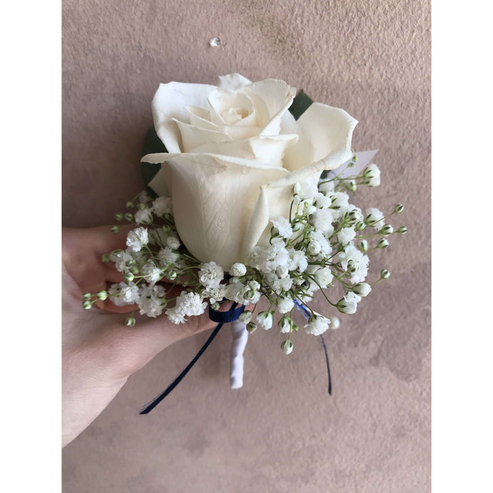 White Rose with Thin Navy and White Ribbon BC – Royal Flowers and Gallery