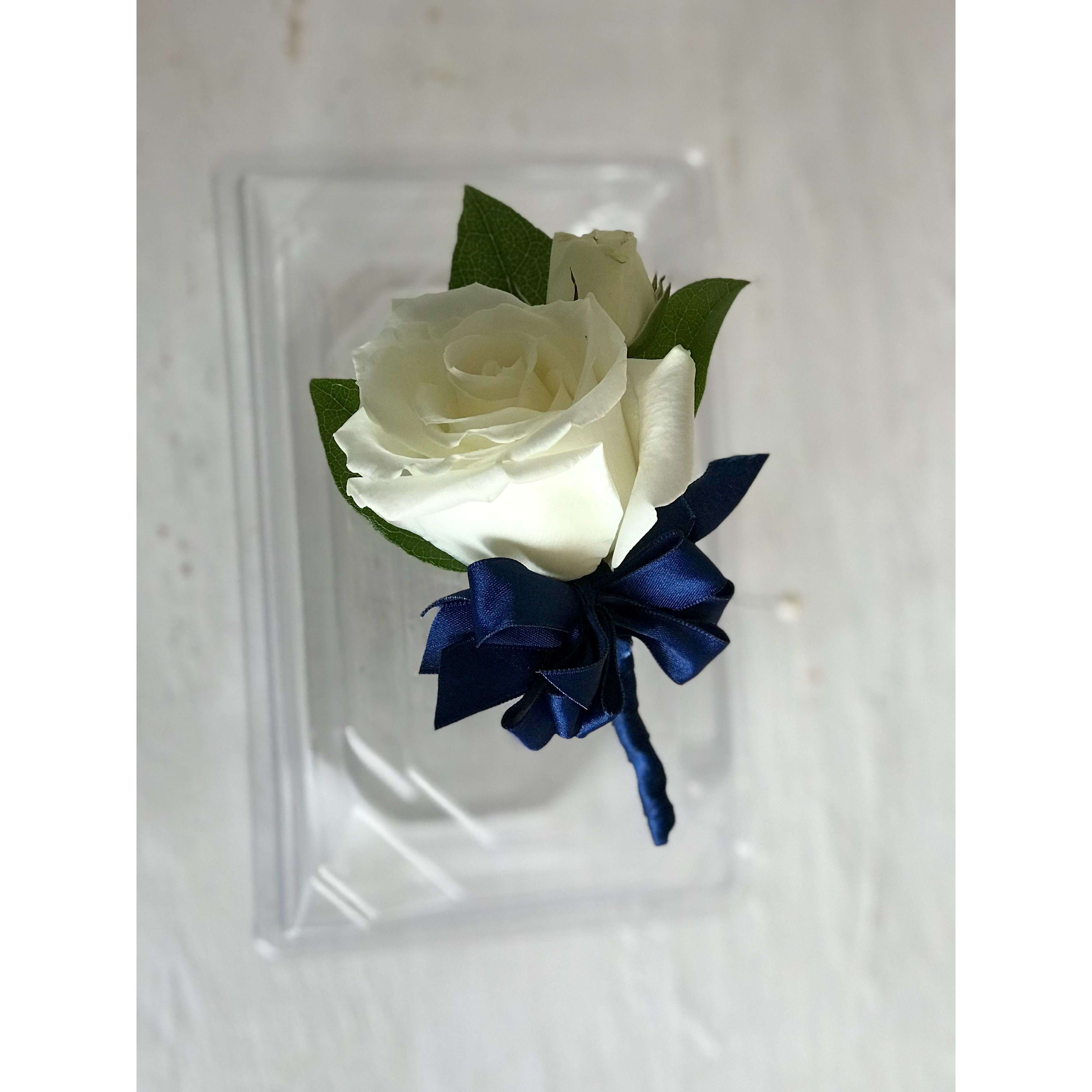 White Rose and Spray Rose Deep Blue Ribbon BC – Royal Flowers and Gallery