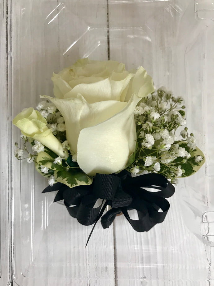 White Rose with Thin Navy and White Ribbon BC – Royal Flowers and Gallery