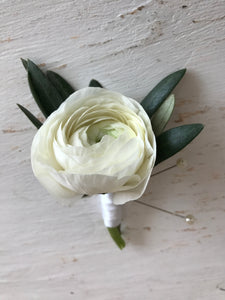 White Ranunculus Boutonnière with White Ribbon