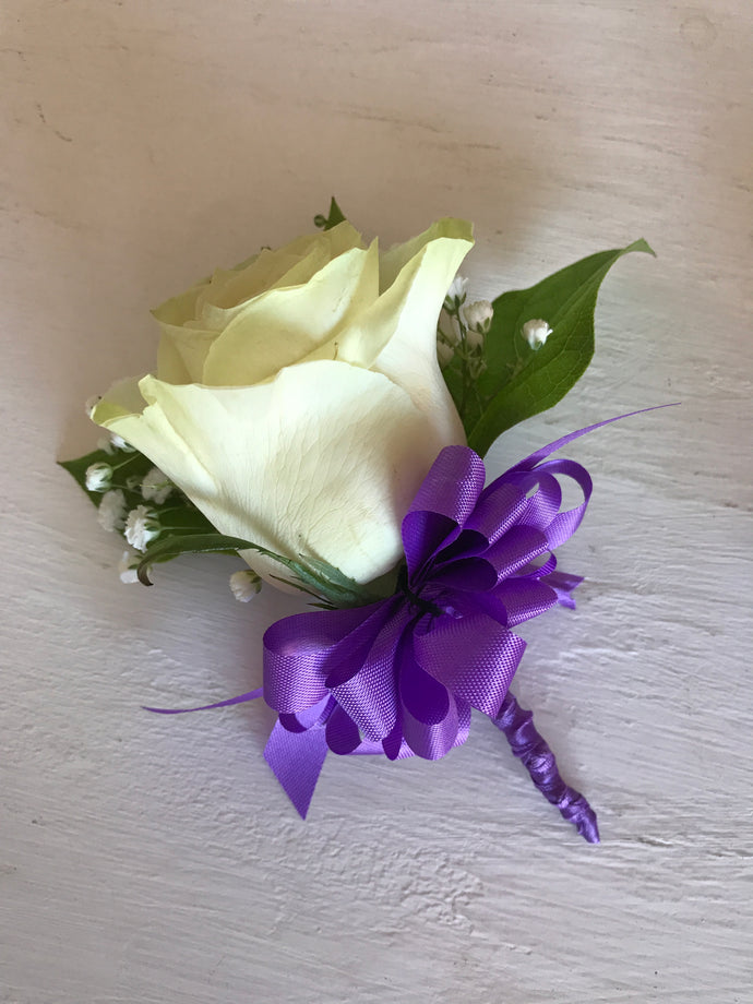 White Rose with Purple Bow BC